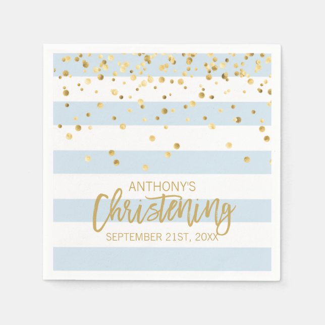 Stripes Pastel Blue Gold BOY CHRISTENING Napkins (Front)