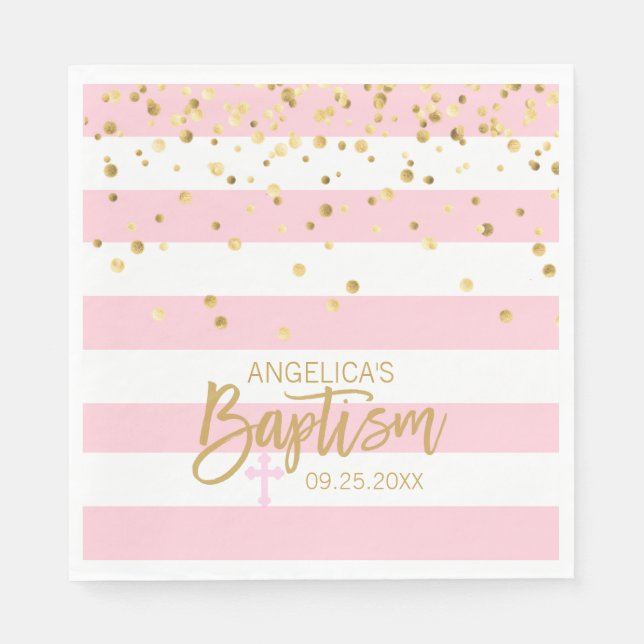 Stripes Pastel PINK Gold GIRL BAPTISM Luncheon Napkins (Front)