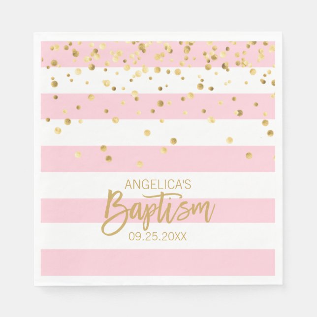 Stripes Pastel PINK Gold GIRL BAPTISM Luncheon Napkins (Front)