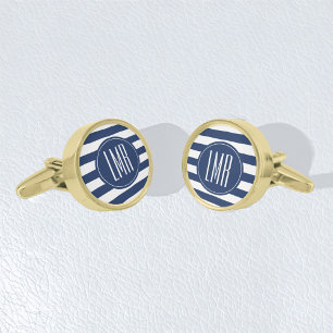 Stripes Pattern Contemporary Monogram Gold Cufflinks