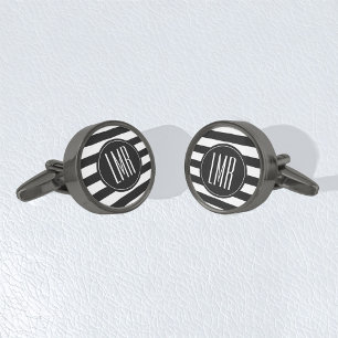 Stripes Pattern Contemporary Monogram Gunmetal Finish Cufflinks