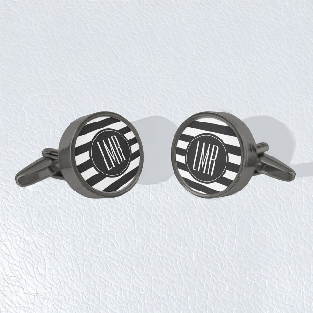 Stripes Pattern Contemporary Monogram Gunmetal Finish Cufflinks (Creator Uploaded)
