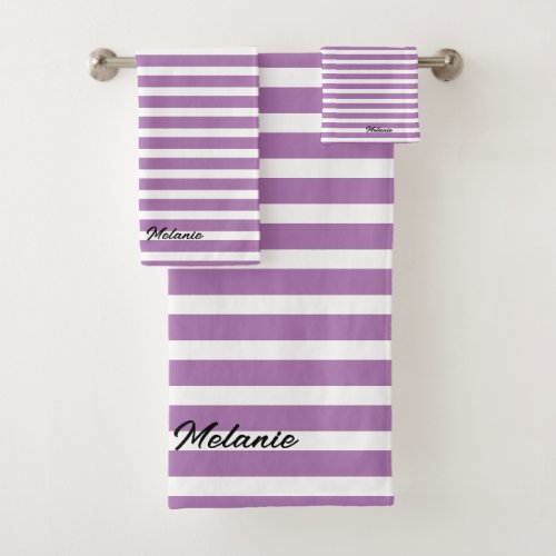 Stripes Pattern Custom Name Purple Lavender White Bath Towel Set