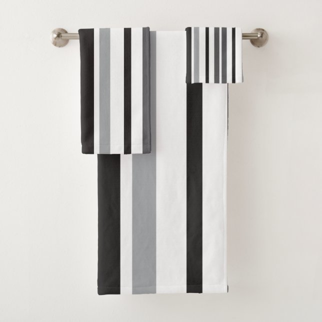 Stripes Pattern Gray White Black Bath Towel Set (Insitu)