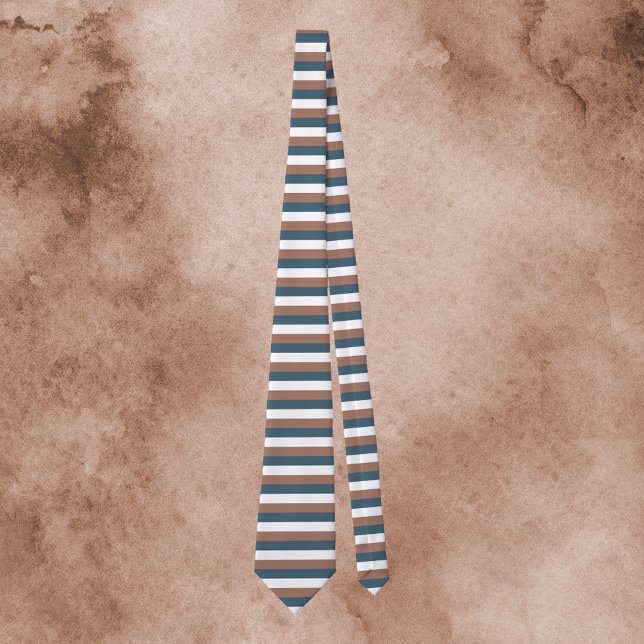 Stripes Pattern Mocha Brown Teal White Neck Tie (A tie with mocha brown, teal and white stripes)
