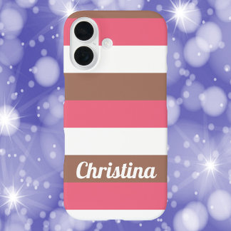 Stripes Pattern Mocha Pink White Personalize iPhone 16 Case