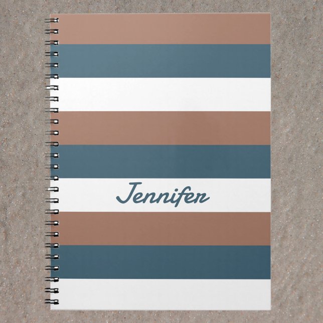 Stripes Pattern Personalize Brown Teal White Notebook (A brown, white and teal striped notebook with text you can personalize!)