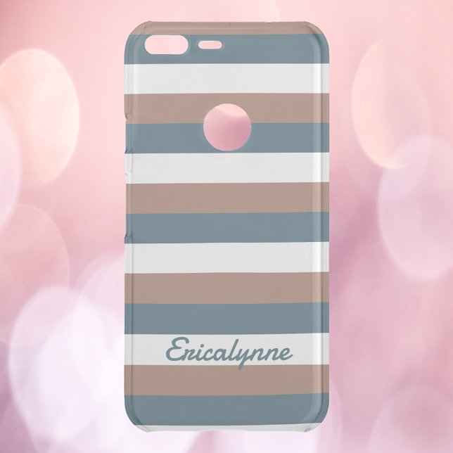 Stripes Pattern Personalize Brown Teal White Uncommon Google Pixel XL Case (A phone case with brown, teal and white stripes.  The text can be personalized.)