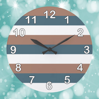Stripes Pattern Teal Brown White Numbers Large Clock