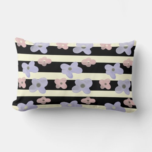 Stripes pattern two tone black cream flowers lumbar pillow