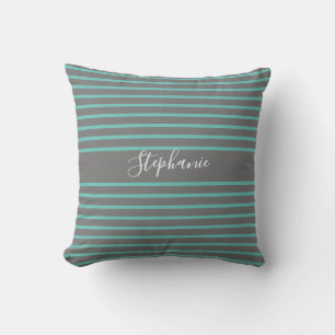 Stripes Patterns Custom Name Grey Teal Blue Classy Throw Pillow
