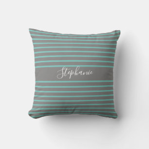Stripes Patterns Custom Name White Grey Teal Blue Outdoor Pillow