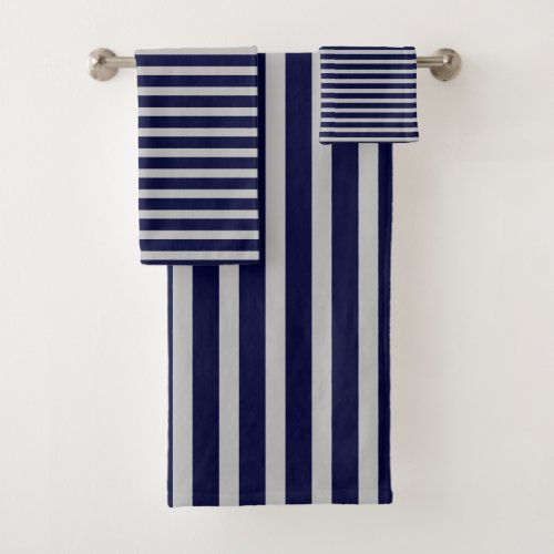 Stripes Patterns Dark Navy Blue Grey Gray Lines Bath Towel Set