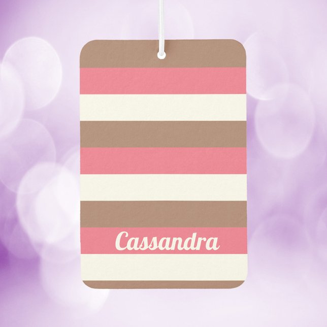 Stripes Personalize Pink Brown White Air Freshener (An air freshener with pink, brown and white stripes along with text that can be personalized.)
