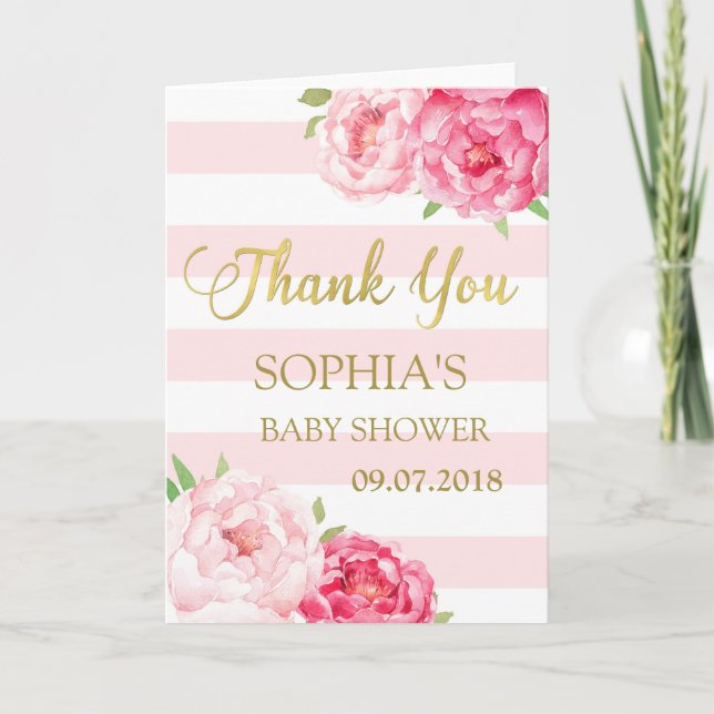 Stripes Pink Blush Floral Baby Shower Thank You (Front)