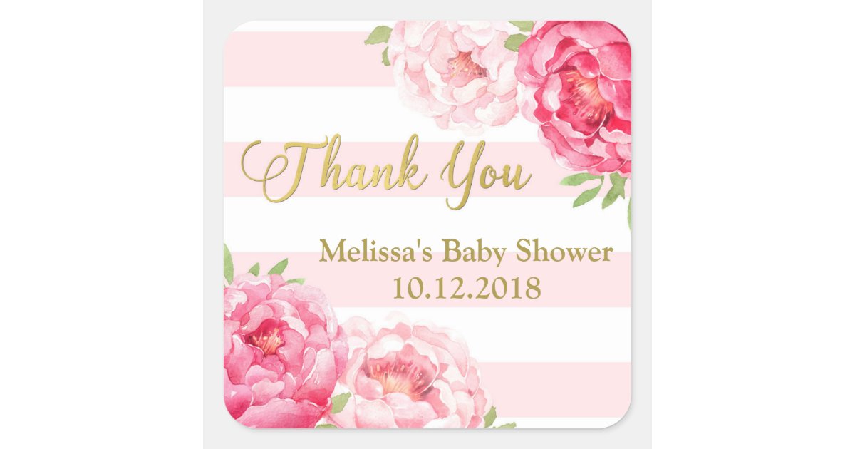 Stripes Pink Blush Floral Baby Shower Thank You Square Sticker | Zazzle