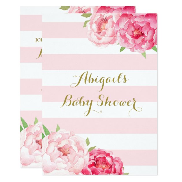Stripes Pink Blush Watercolor Flowers Baby Shower Invitation