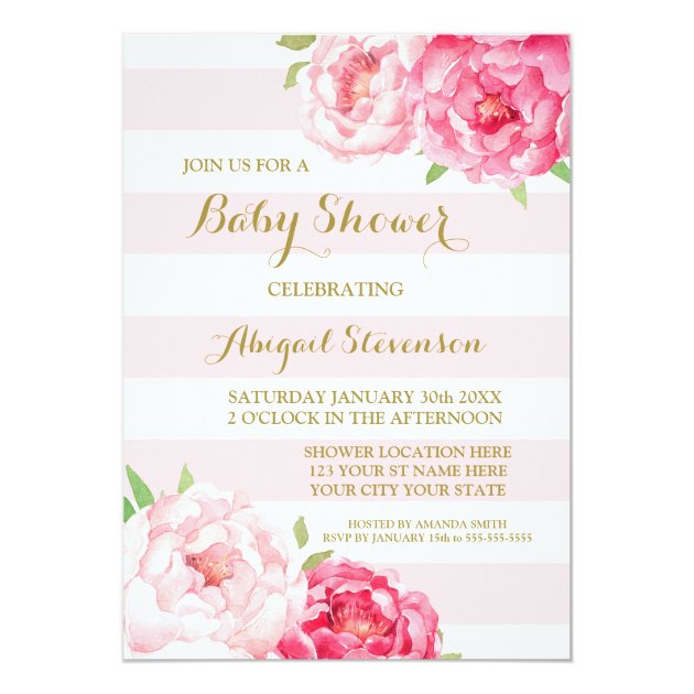 Stripes Pink Blush Watercolor Flowers Baby Shower Invitation