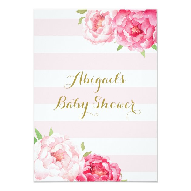 Stripes Pink Blush Watercolor Flowers Baby Shower Invitation