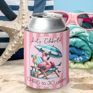 Stripes Pink Flamingo Summer Birthday Party Can Cooler