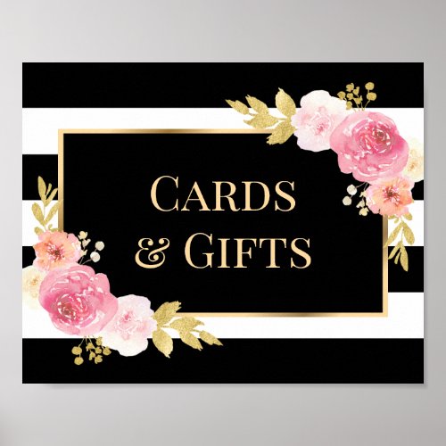 Stripes Pink Floral Wedding Cards and Gifts Sign