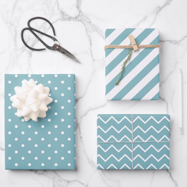 Stripes Polka Dot Zig Zag Patterns Teal Blue Wrapping Paper Sheets (Front)
