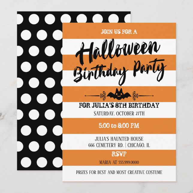 Stripes & Polka Dots Halloween Birthday Party Invitation (Front/Back)