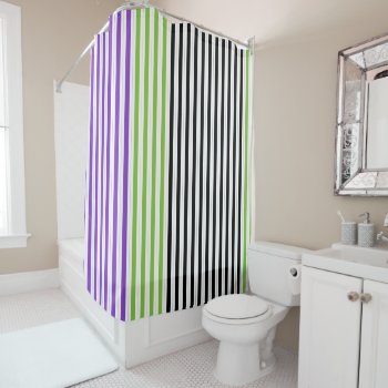 Stripes Purple Green Black Shower Curtain by printabledigidesigns at Zazzle