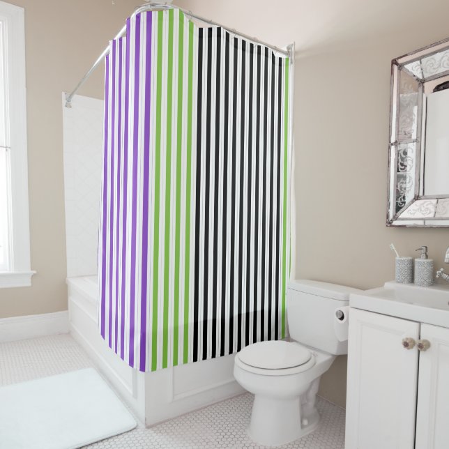 Stripes Purple Green Black Shower Curtain (In Situ)