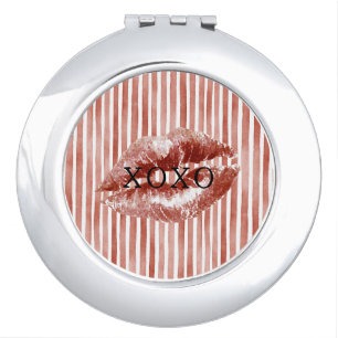 Stripes Red Lips Kiss XOXO Compact Mirror