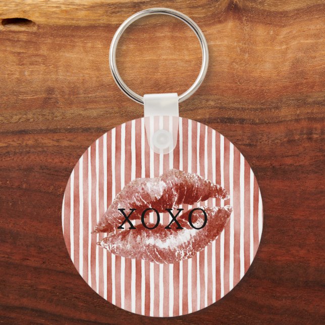 Stripes Red Lips Kiss XOXO  Keychain (Front)