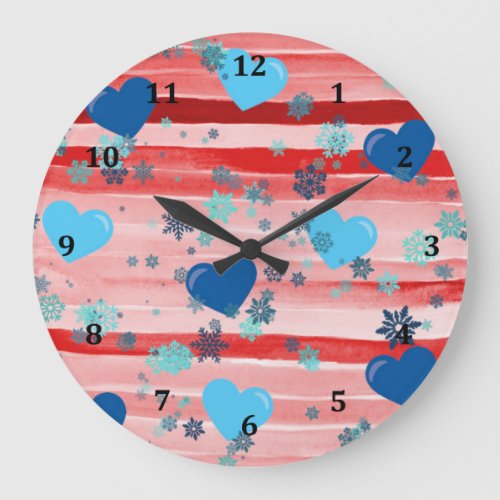 Stripes Red  White Hearts  Snowflakes Large Clock