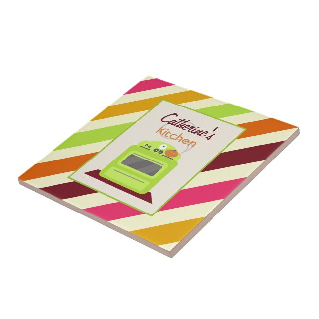 Stripes & Retro Green Stove Kitchen Tile (Side)