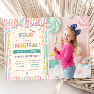 Stripes Ribbon Four Ever Magical Colorful Birthday Invitation