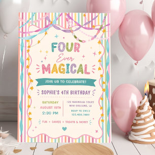 Stripes Ribbon Four Ever Magical Colorful Birthday Invitation
