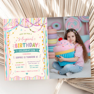 Stripes Ribbon Magical Colorful Birthday Photo Invitation