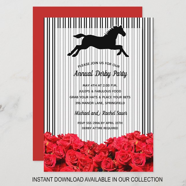 Stripes Roses Derby Horse Racing Party Invitations (INSTANT DOWNLOAD available in our collection to send your invitations digitally.)