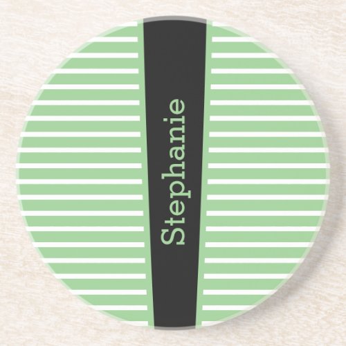 Stripes Sage Green Black White Custom Name Cute Coaster