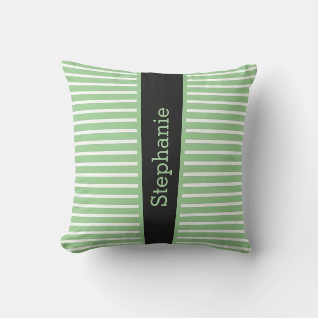 Stripes Sage Green Black White Custom Name Cute Th Outdoor Pillow (Front)