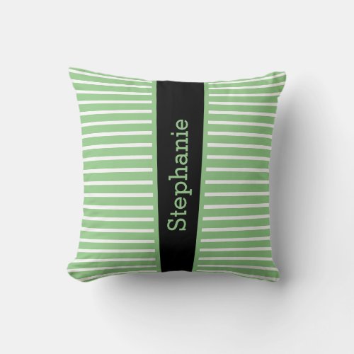 Stripes Sage Green Black White Custom Name Cute Throw Pillow