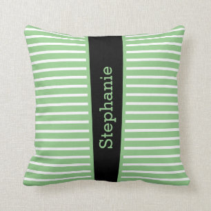 Stripes Sage Green Black White Custom Name Cute Throw Pillow