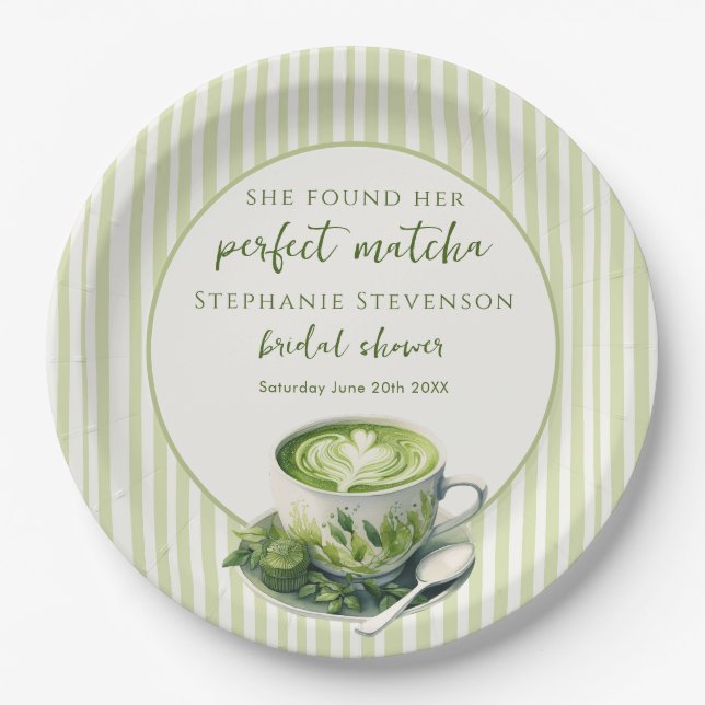 Stripes She Found Her Perfect Matcha Bridal Shower Paper Plates (Front)