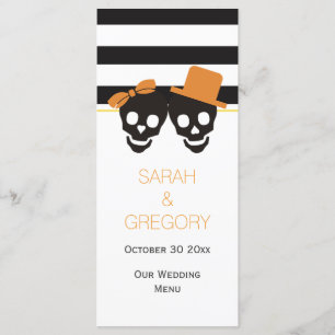 Stripes, skull couple Halloween wedding menu card