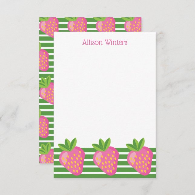 Stripes & Strawberries Personalized Note Cards (Front/Back)