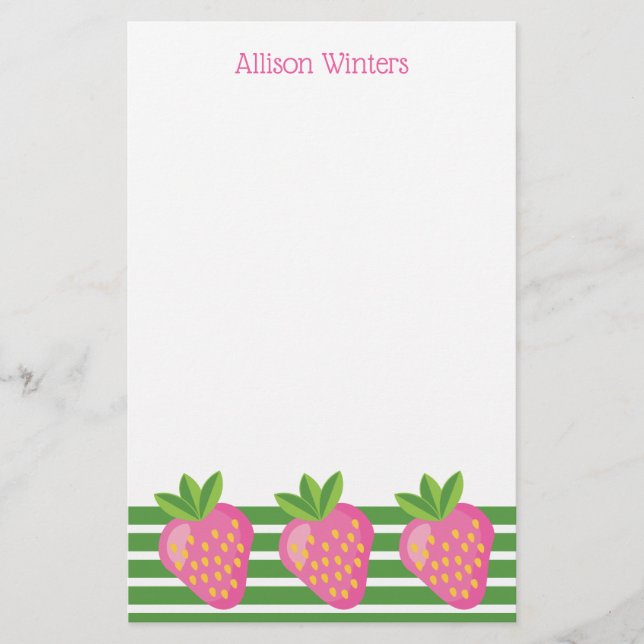 Stripes & Strawberries Personalized Stationery (Front)