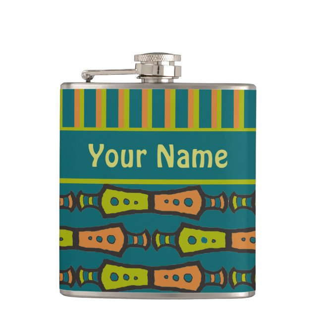Stripes, Tribal Pattern, Teal: Stylish Hip Flask (Front)