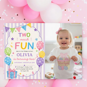 Stripes Two Much Fun Colorful Birthday Photo Invitation