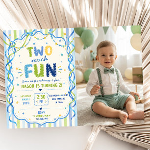 Stripes Two Much Fun Colorful Photo Birthday Invitation