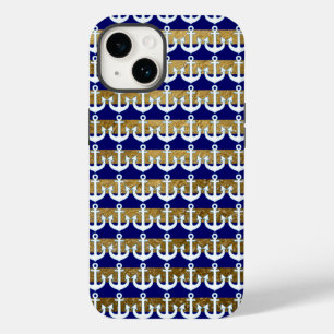 Stripes & white Anchors pattern navy Case-Mate iPhone 14 Case