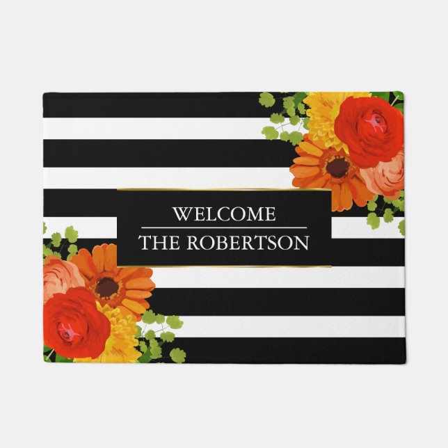 Stripes With Colorful Flowers Doormat (Front)